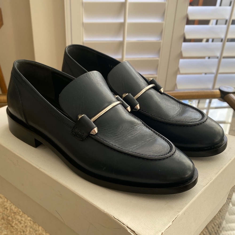 Balenciaga Navy Leather Loafers with Silver Metal Detail